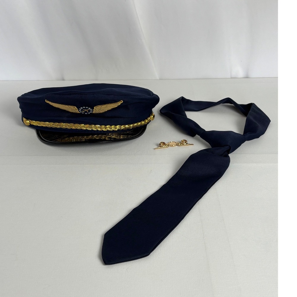 Spirit Halloween Pilot Adult Costume Navy Blue Jacket Hat Tie Wing Pin Medium - Picture 3 of 8